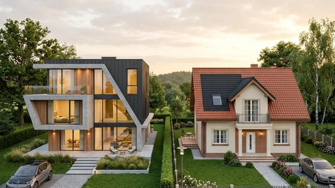 Architektenhaus oder Fertighaus im Vergleich Bauherren vergleichen am Modelltisch ein Architektenhaus und ein Fertighaus nebeneinander und wägen den passenden Bauweg ab