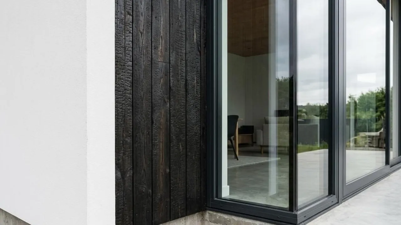 Fassadendetails eines modernen Hauses mit Putz und Holz als Materialbeispiel für verschiedene Architektenhaus-Stile