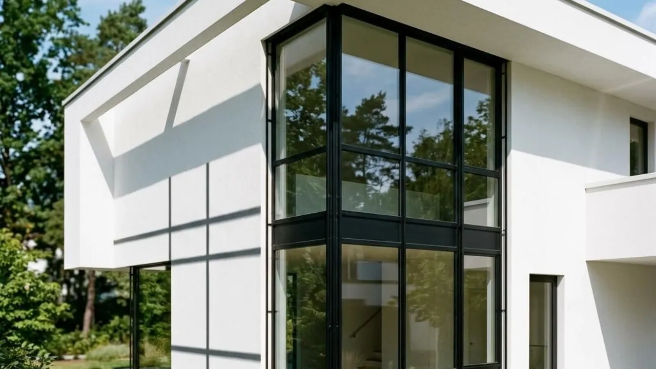 Detailansicht von Flachdachkante und großem Fensterband an einem Haus im Bauhausstil