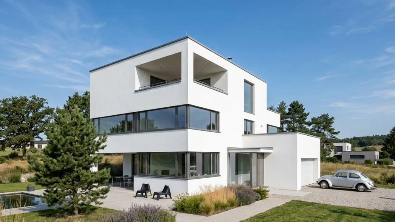 Fertighaus im Bauhausstil mit weißer Putzfassade, Flachdach und kubischem Baukörper