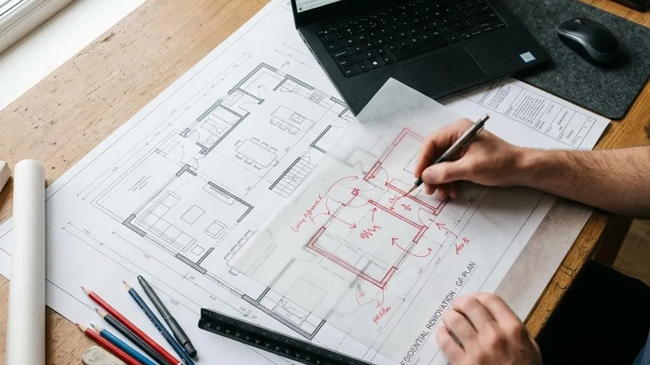 Fertighaus individuelle Planung am Grundriss Architekt und Bauherr besprechen am Grundriss die individuelle Planung eines Fertighauses