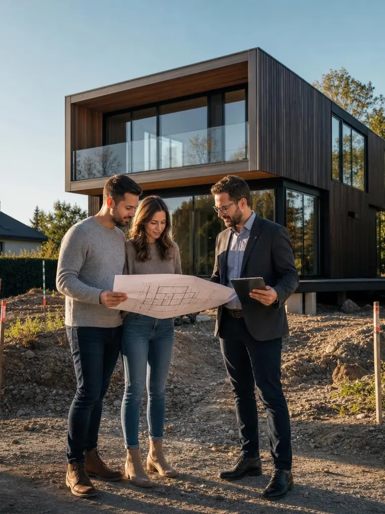 Bauherren-Paar bespricht mit Architekt Grundriss und Baupläne auf dem eigenen Grundstück – im Hintergrund ein modernes Fertighaus mit Holz-Glas-Fassade, das perfekt auf das Grundstück geplant wurde