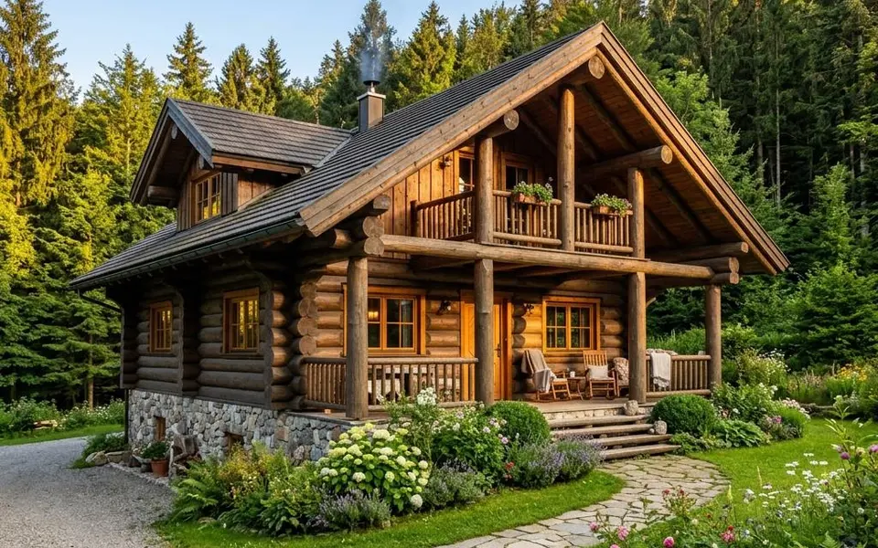 Fertighaus Blockhaus aus massiven Rundstämmen mit überdachter Veranda am Waldrand – Blockhaus-Preise 2026