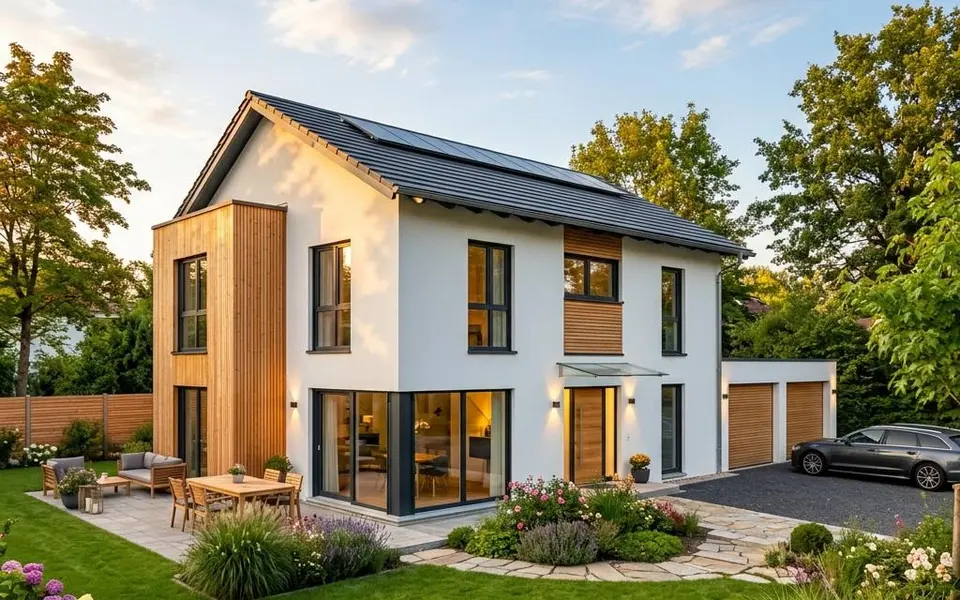 Fertighaus Einfamilienhaus: modernes freistehendes Haus mit Satteldach, weißer Putzfassade und Holzakzenten im sonnigen Garten – Neubaupreise 2026