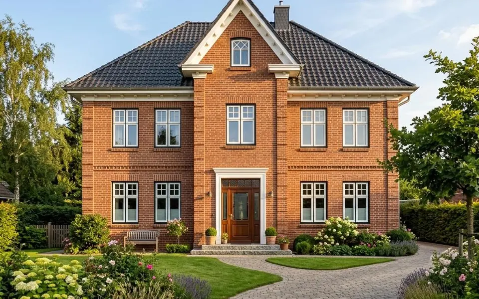 Fertighaus Kapitänshaus mit symmetrischer Klinkerfassade, Zwerchgiebel und Sprossenfenstern – norddeutscher Baustil 2026