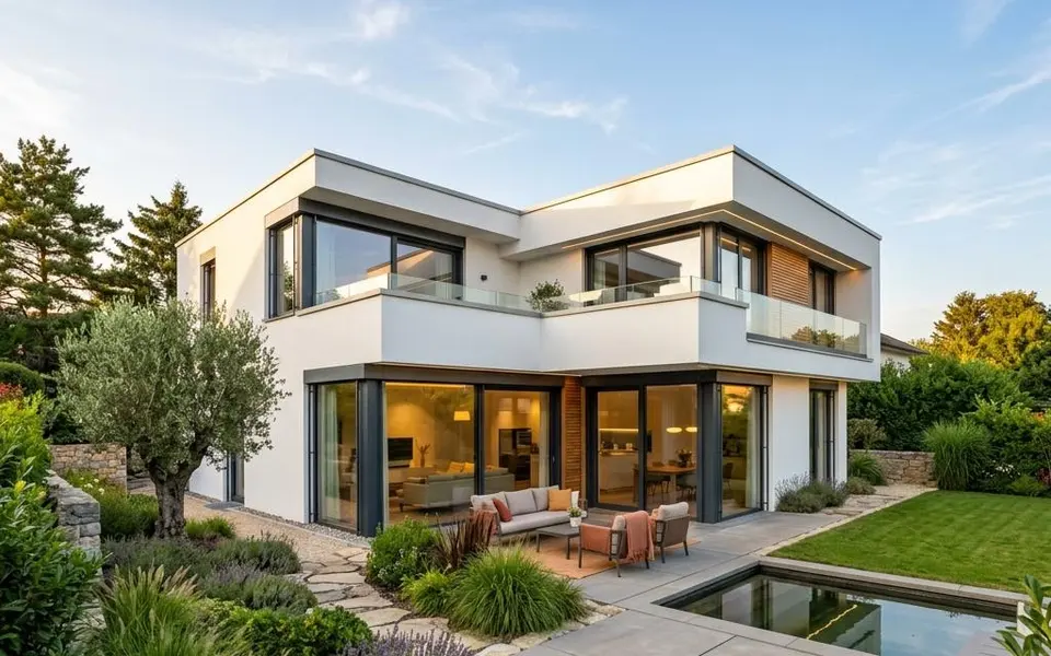 Fertighaus Kubushaus im Bauhausstil mit Flachdach, weißem Putz und bodentiefen Fenstern – kubisch bauen 2026