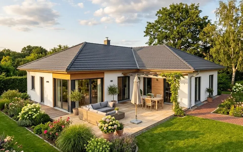 Fertighaus Winkelbungalow in L-Form mit geschützter Sonnenterrasse und Walmdach – ebenerdig bauen 2026