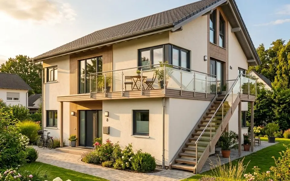Fertighaus Zweifamilienhaus mit zwei Vollgeschossen, Balkon und separaten Eingängen – Baupreise 2026