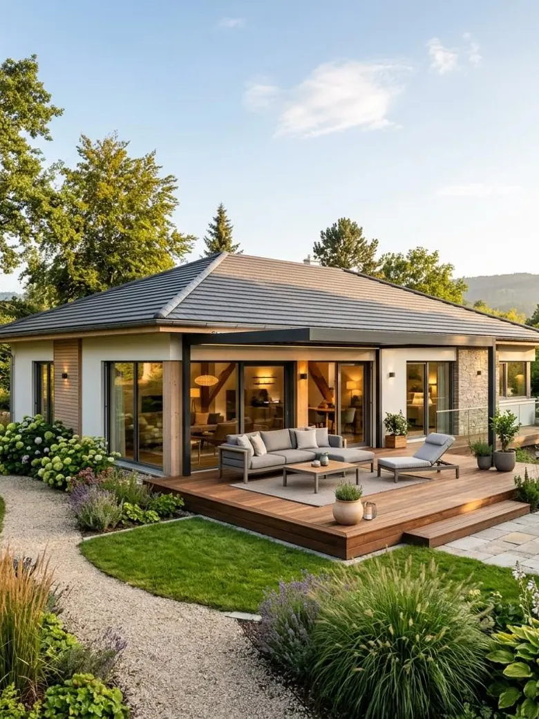 Kosten Fertighaus Bungalow Preise vergleichen – luxuriöser ebenerdiger Fertighaus-Bungalow mit Sonnenterrasse und gepflegtem Garten