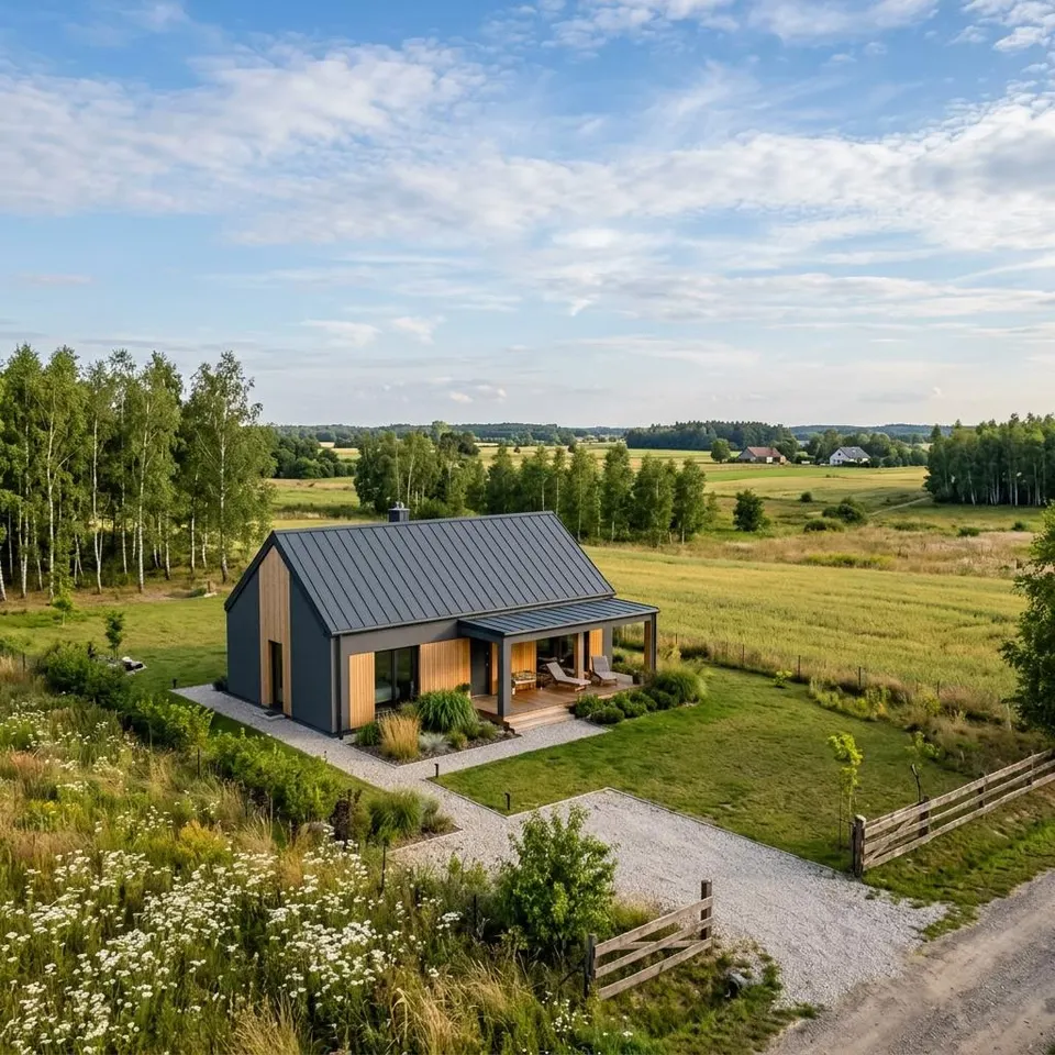 Neues Fertighaus mit Satteldach in weiter polnischer Landschaft bei Sonnenschein – Fertighaus bauen in Polen 2026