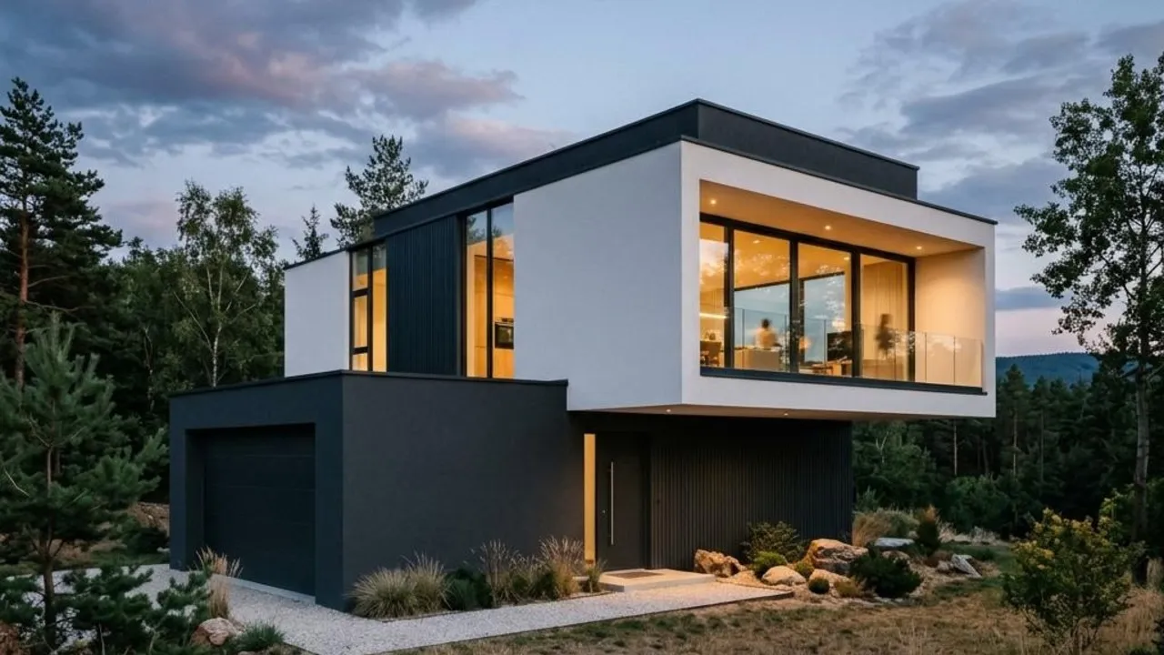 Kubushaus mit Flachdach und kompaktem, würfelartigem Baukörper als Beispiel für moderne Kubus-Architektur