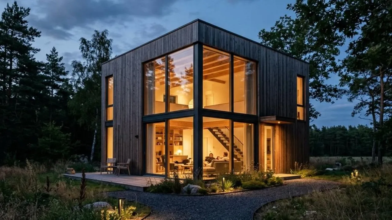 Kubushaus mit vorgehängter Holzfassade und großen Fenstern als Materialbeispiel für den modernen Kubus